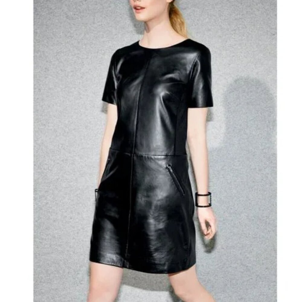 Halogen NORDSTROM New Leather & Ponte Knit Shift Dress ESPRESSO BLACK Womens XLP - Picture 2 of 16